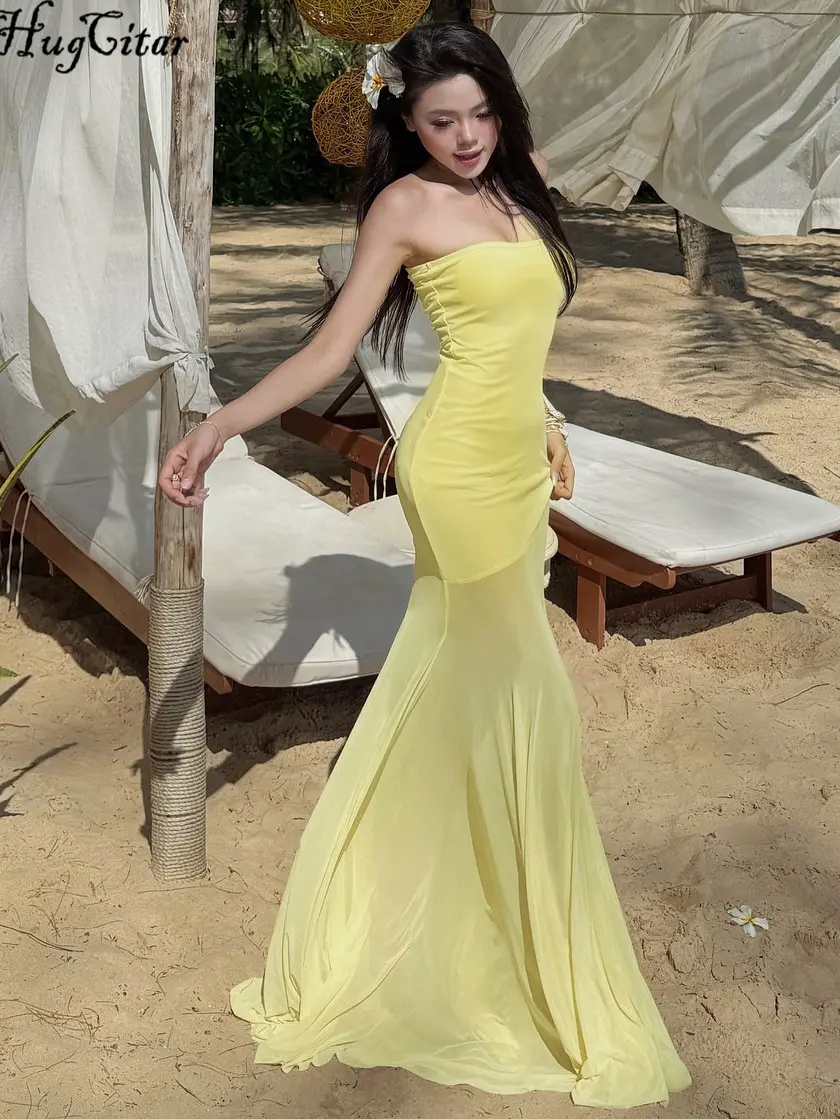Hugcitar Elegant Strapless Sexy Solid Patchwork Lace See Through Y2K Maxi Dress 2025 Summer Women Beach Vacation Clothes Party