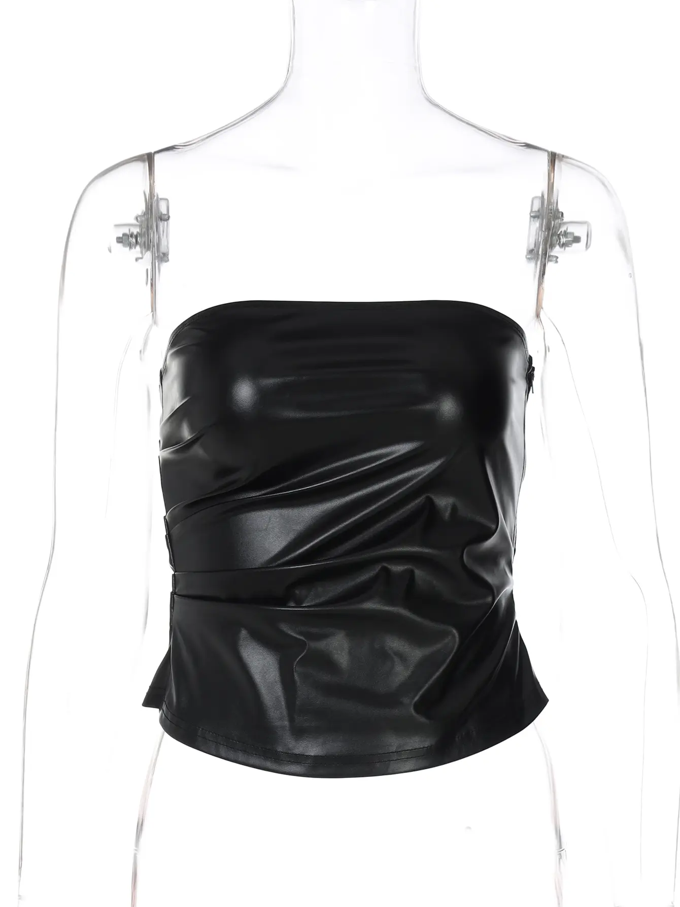 Hugcitar Pu Leather Solid Strapless Zip Up Sexy Slim Crop Tank Top 2025 Spring Summer Women Y2K Clothes Streetwear Party Club