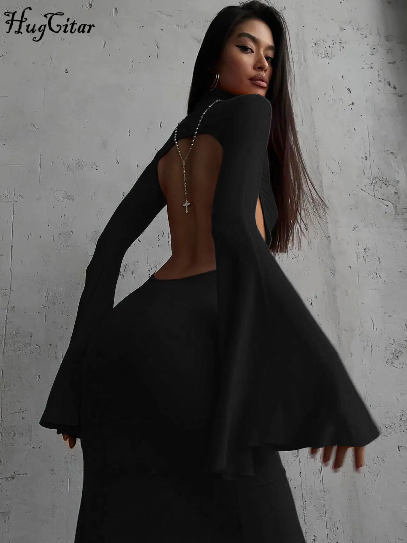 Hugcitar Turtleneck Solid Long Sleeve Backless Slit Sexy Slim Maxi Prom Dress 2024 Spring Women Clothes Birthday Party Y2K
