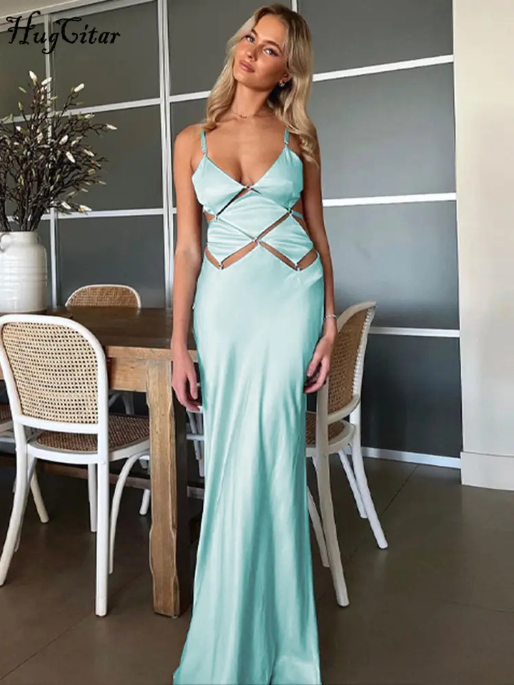 Hugcitar 2025 Spring Solid Slips V Neck Hollow Out Backless Sexy Bodycon Maxi Dress Women Fashion Outfits Birthday Vacation Y2K