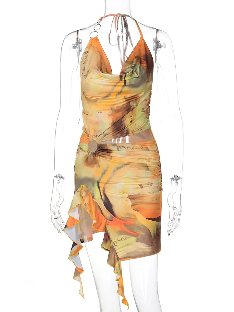 Hugcitar 2025 Scenery Print Halter Backless Hollow Out Ruffles Slit Sexy Slim Mini Dress Summer Fashion Beach Vacation Outfit