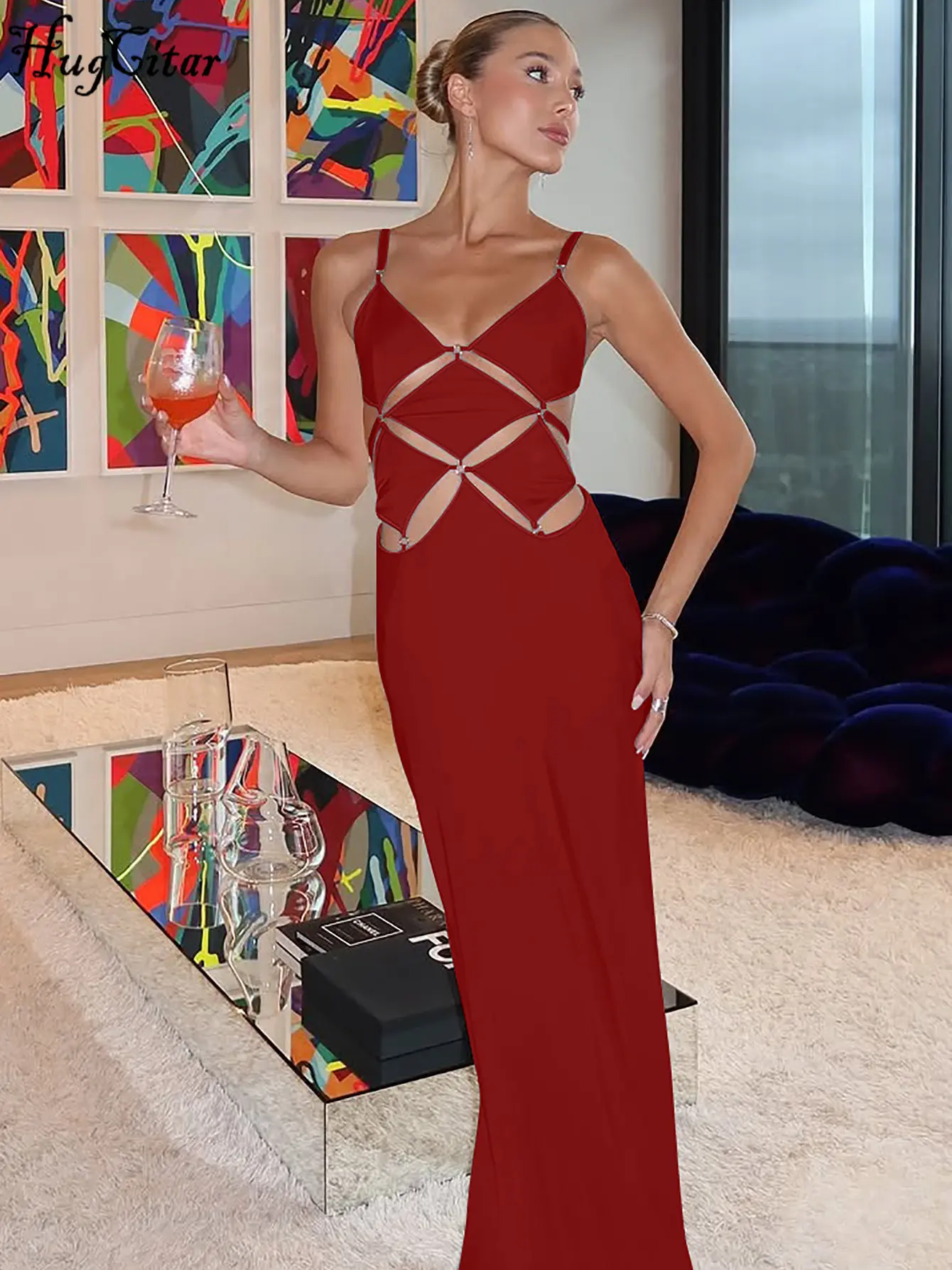 Hugcitar 2025 Spring Solid Slips V Neck Hollow Out Backless Sexy Bodycon Maxi Dress Women Fashion Outfits Birthday Vacation Y2K