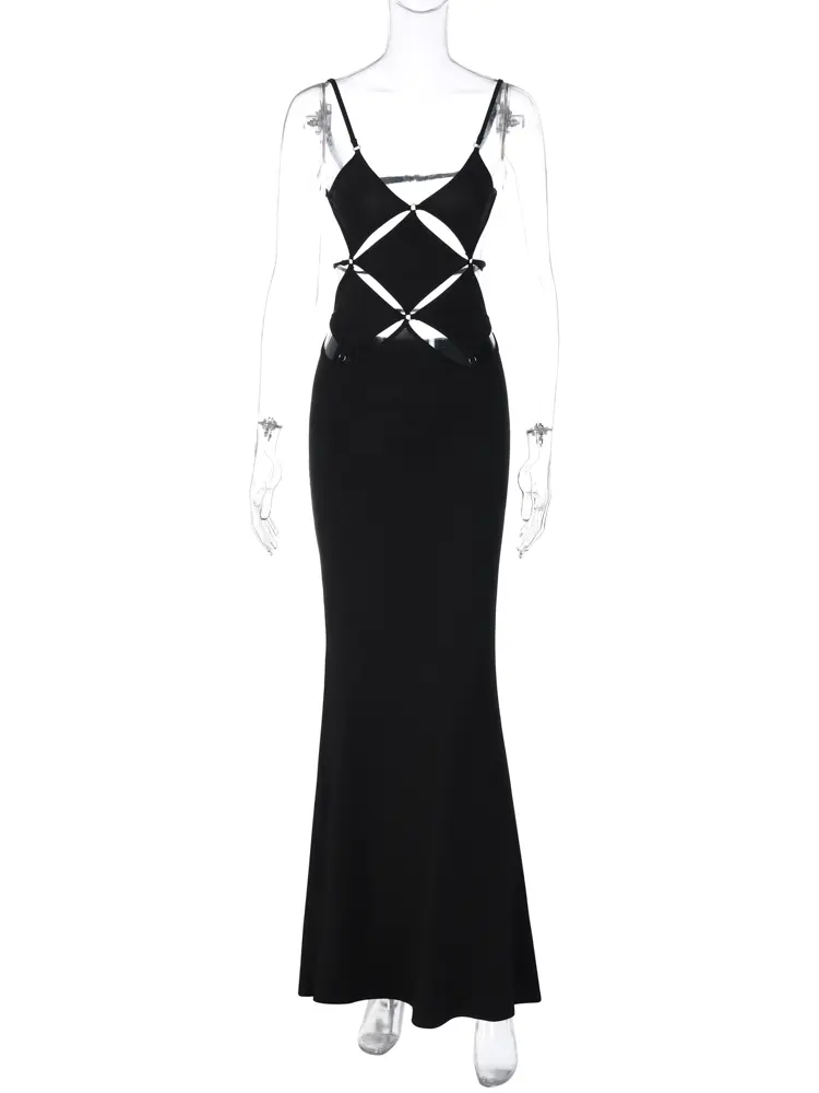 Hugcitar 2025 Spring Solid Slips V Neck Hollow Out Backless Sexy Bodycon Maxi Dress Women Fashion Outfits Birthday Vacation Y2K