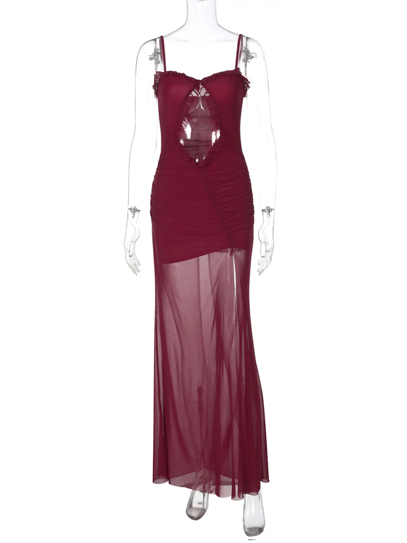 Hugcitar Mesh Solid Ruffles Slip Hollow Out Draped Elegant Patchwork Slit Maxi Dress Summer Women Elegant Outfits Beach Vacation