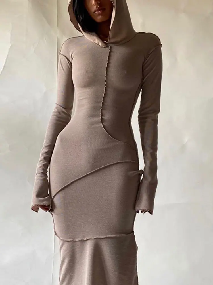 Hugcitar Long Sleeve Hooded Patchwork Skinny Maxi Dress Autumn Winter Women Fashion Streetwear Casual  Y2K Outfits