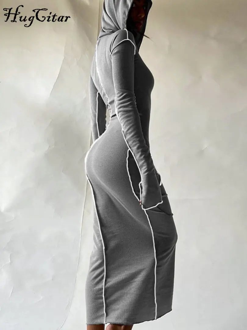 Hugcitar Long Sleeve Hooded Patchwork Skinny Maxi Dress Autumn Winter Women Fashion Streetwear Casual  Y2K Outfits