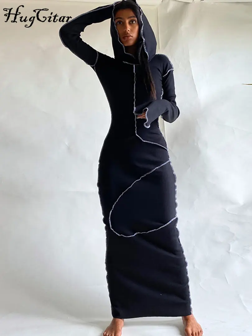 Hugcitar Long Sleeve Hooded Patchwork Skinny Maxi Dress Autumn Winter Women Fashion Streetwear Casual  Y2K Outfits