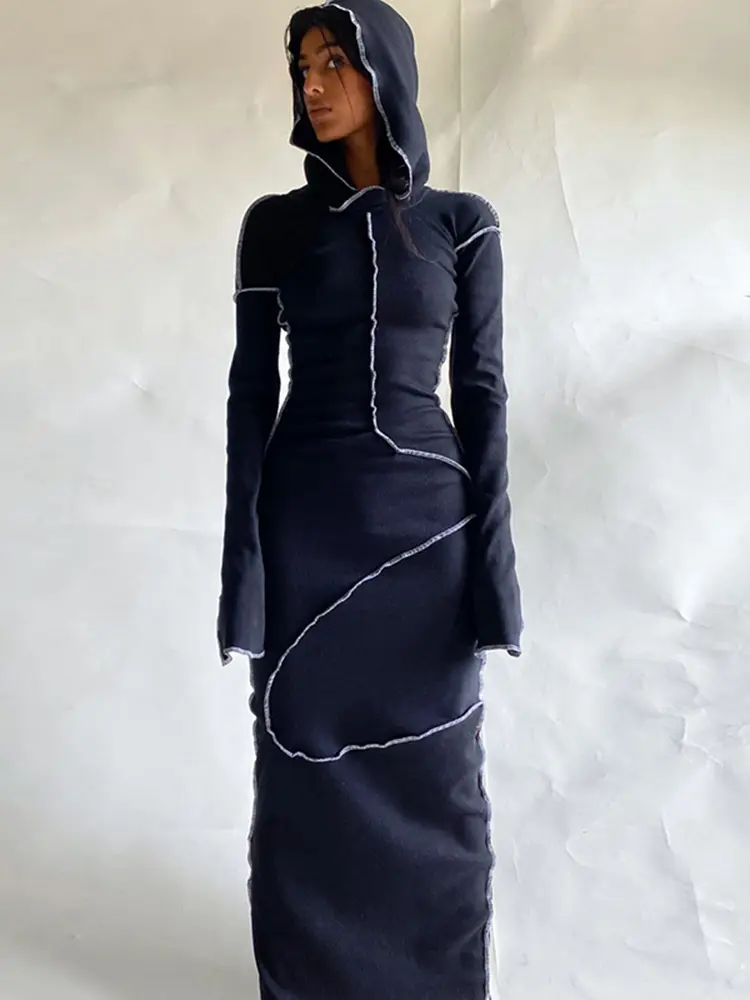 Hugcitar Long Sleeve Hooded Patchwork Skinny Maxi Dress Autumn Winter Women Fashion Streetwear Casual  Y2K Outfits