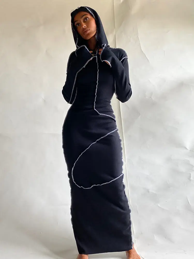 Hugcitar Long Sleeve Hooded Patchwork Skinny Maxi Dress Autumn Winter Women Fashion Streetwear Casual  Y2K Outfits