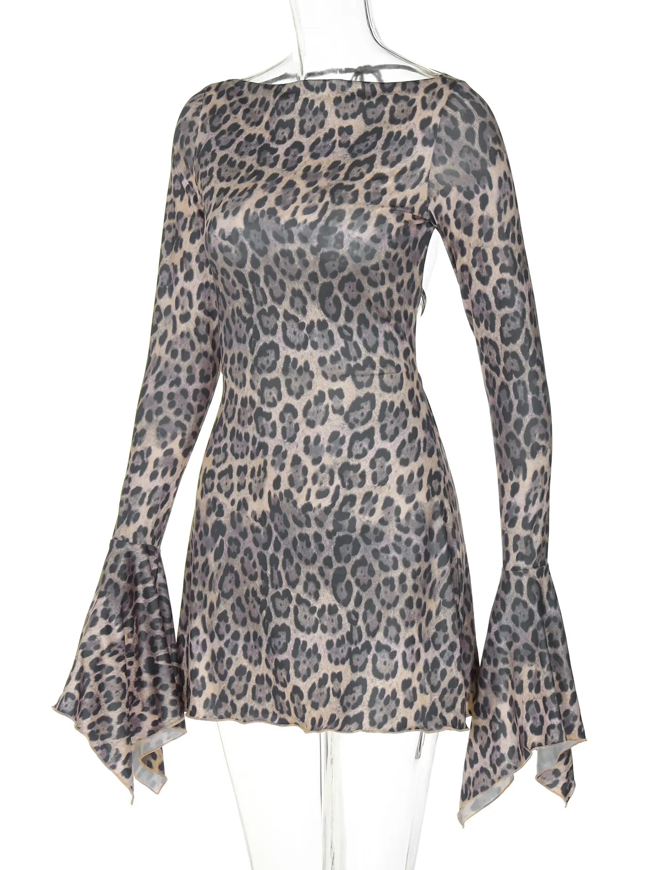 Hugcitar Fashion Leopard Print Long Flare Sleeve Backless Lace Up Sexy Slim Mini Dress Autumn Women Vacation Clothes Party Club
