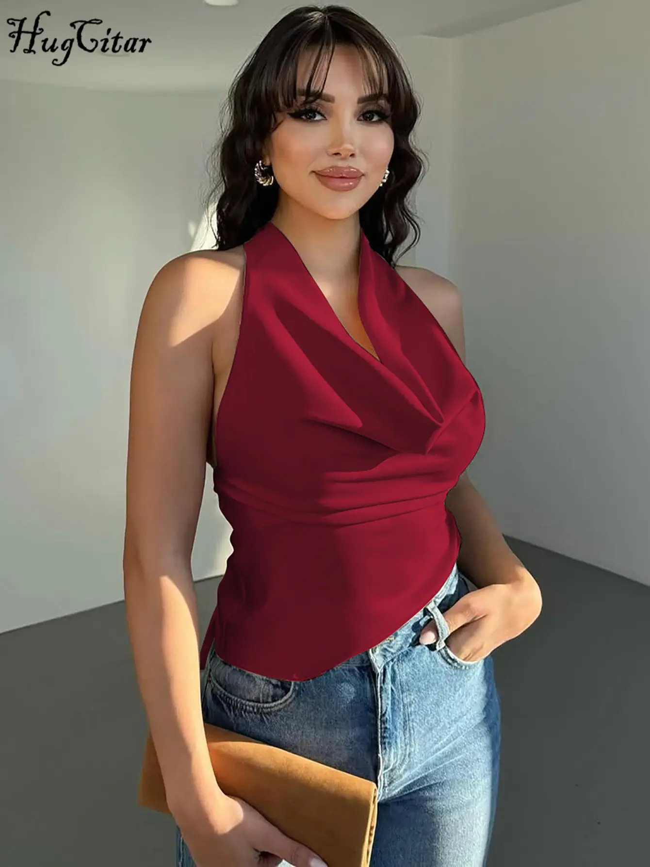 Hugcitar Fashion Swing Collar Halter Backless Sexy Bandage Solid Tank Top Summer Vacation Y2K Women Clothes Streetwear Party