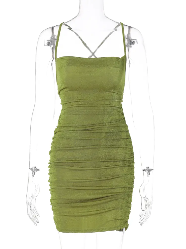 Hugcitar Slash Neck Sleeveless Slips Backless Bandage Draped Pleated Mini Prom Dress Summer Women Elegant Clothes Evening Party