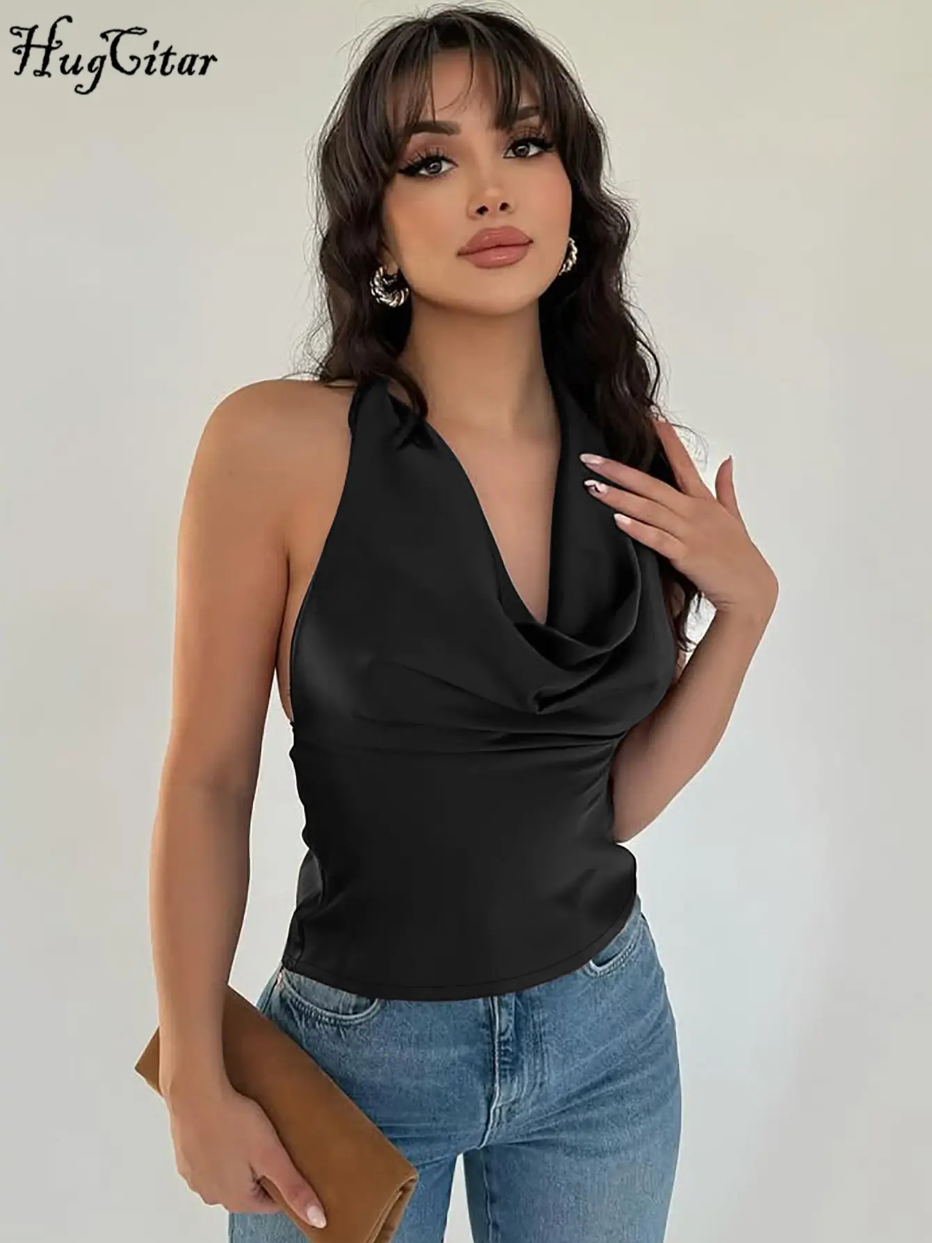 Hugcitar Fashion Swing Collar Halter Backless Sexy Bandage Solid Tank Top Summer Vacation Y2K Women Clothes Streetwear Party