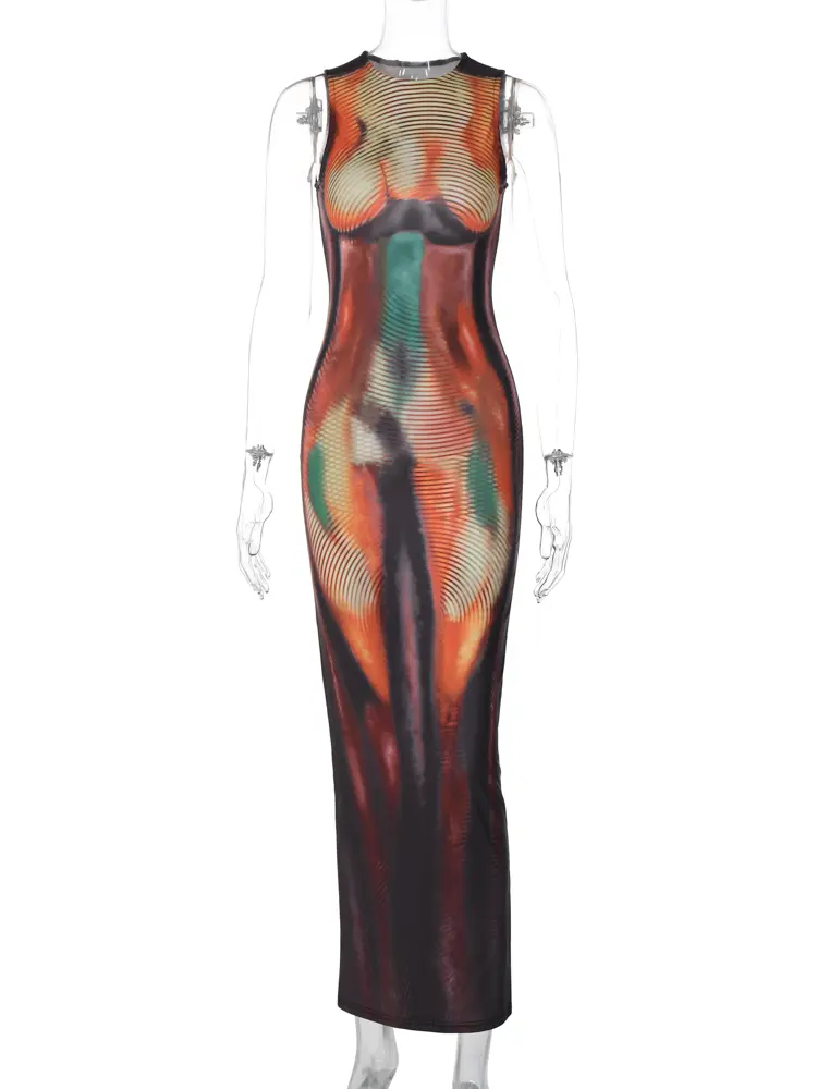 Hugcitar 2024 Fashion Multicolor Print O Neck Sleeveless Sexy Bodycon Maxi Dress Summer Women Y2K Clothes Beach Festival Party