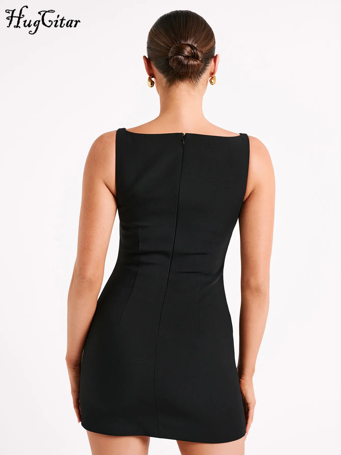 Hugcitar 2024 Elegant Solid O Neck Sleeveless Bright Line Zip Up Sexy Bodycon Mini Dress Summer Women Y2K Clothes Birthday Party