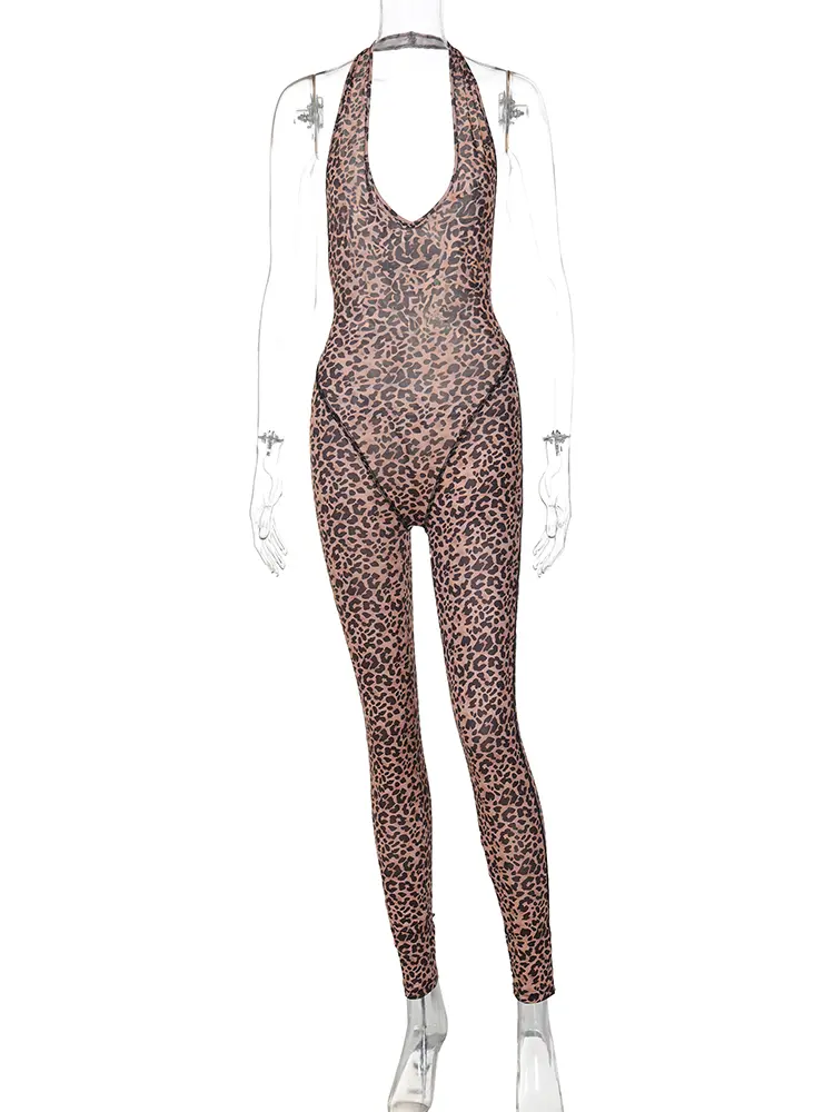 Hugcitar Leopard Print Halter Backless Slip Sexy Bodycon Jumpsuit 2025 Spring Summer Casual Outfits Streetwear Festival Romper