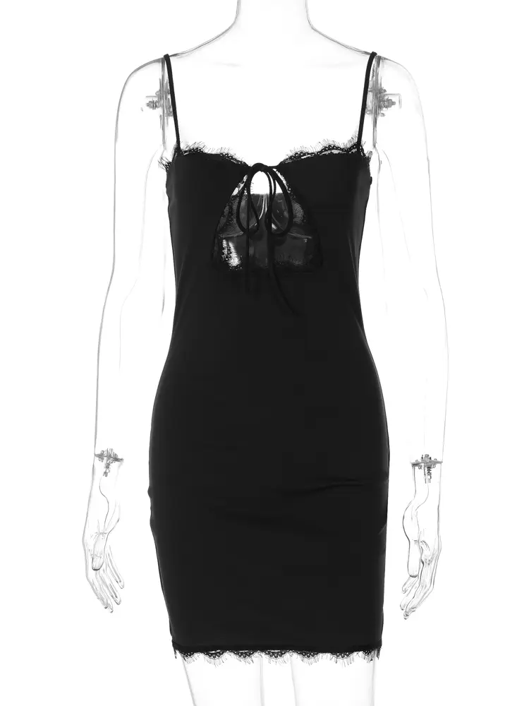 Hugcitar Black Slips Backless Hollow Out Lace Up Sexy Bodycon Elegant Mini Dress Summer Women New Y2K Outfits Festival Nightclub