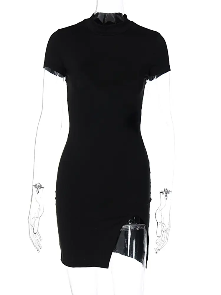 Hugcitar Short Sleeve Lace Up Backless Mini Dress For Women Side Slit Bodycon Skinny Sexy Streetewar Casual Outfits Sexy Club