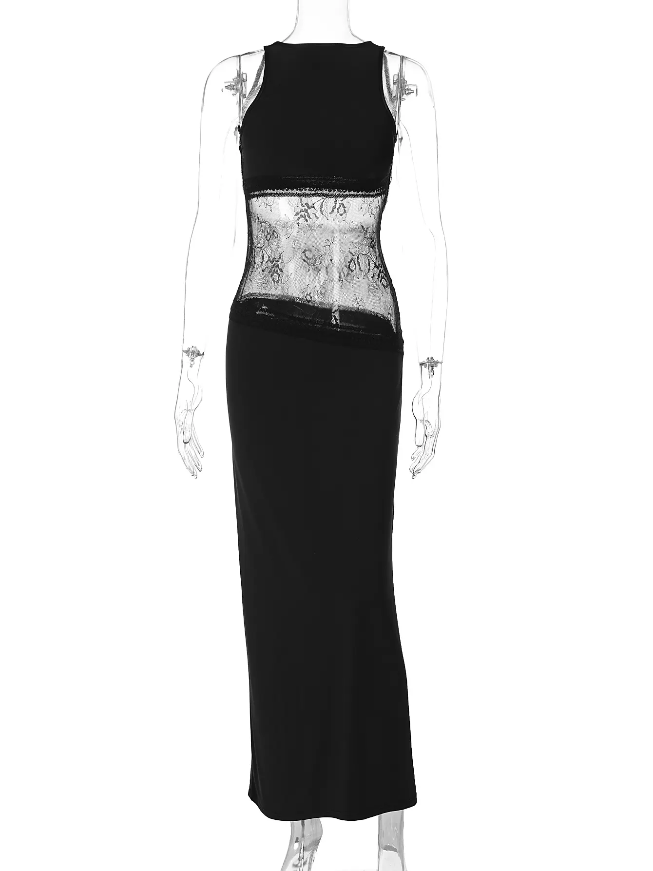 Hugcitar Black Solid Sleeveless Backless Patchwork Mesh Sexy Sheer Maxi Dress Spring Fashion Women Clothes Vacation Night Club
