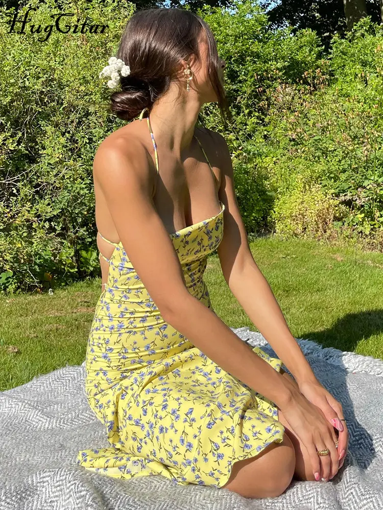 Hugcitar Floral Print Slip Sleeveless Backless Sexy Slit Maxi Prom Dress Summer Women Elegant Y2K Clothes Beach Festival Party