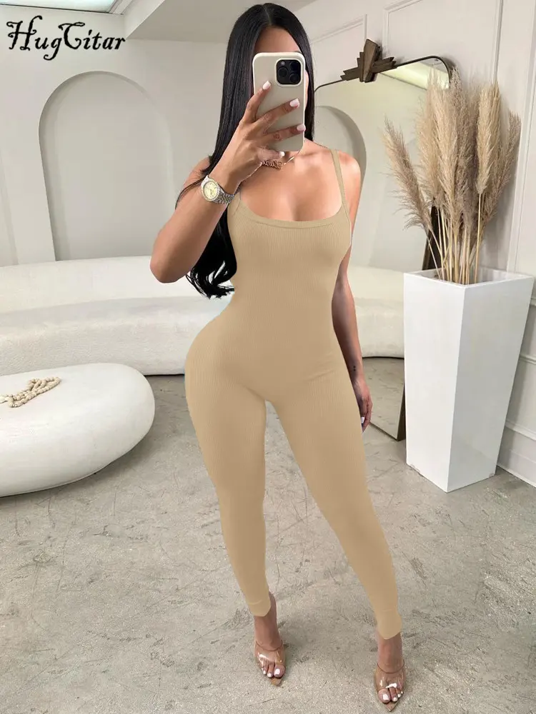 Hugcitar 2024 Fashion Ribbed Solid Slips Backless Sexy Skinny One Piece Jumpsuit Women Y2K Romper Vacation Sport Overalls