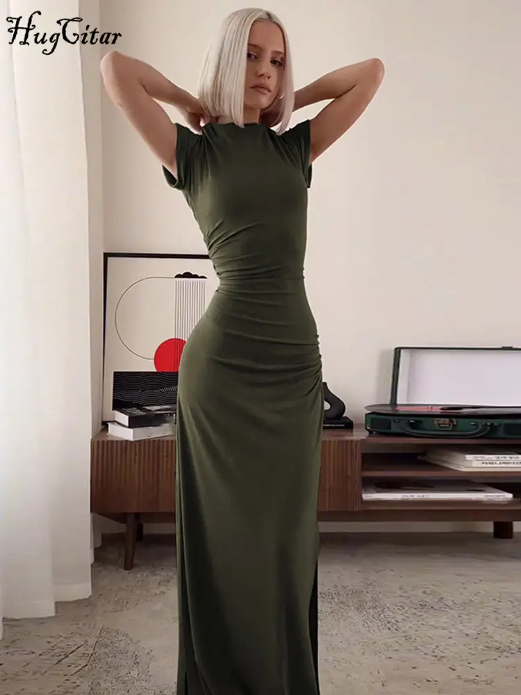 Hugcitar 2024 Summer Solid O Neck Solid Short Sleeve Slit Sexy Bodycon Maxi Dress Women Fashion Outfit Streetwear Party Vacation