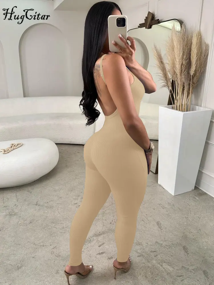 Hugcitar 2024 Fashion Ribbed Solid Slips Backless Sexy Skinny One Piece Jumpsuit Women Y2K Romper Vacation Sport Overalls