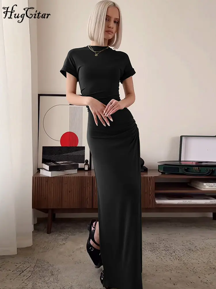 Hugcitar 2024 Summer Solid O Neck Solid Short Sleeve Slit Sexy Bodycon Maxi Dress Women Fashion Outfit Streetwear Party Vacation