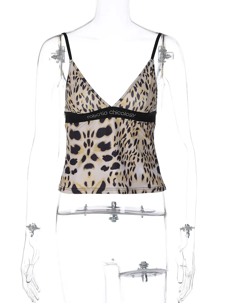 Hugcitar Leopard Print Sleeveless Backless Patchwork Sequined Letter Sexy Camis Summer Women Fashion Streetwear Party Clothes