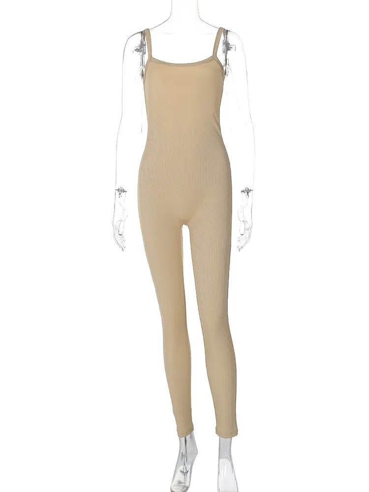 Hugcitar 2024 Fashion Ribbed Solid Slips Backless Sexy Skinny One Piece Jumpsuit Women Y2K Romper Vacation Sport Overalls