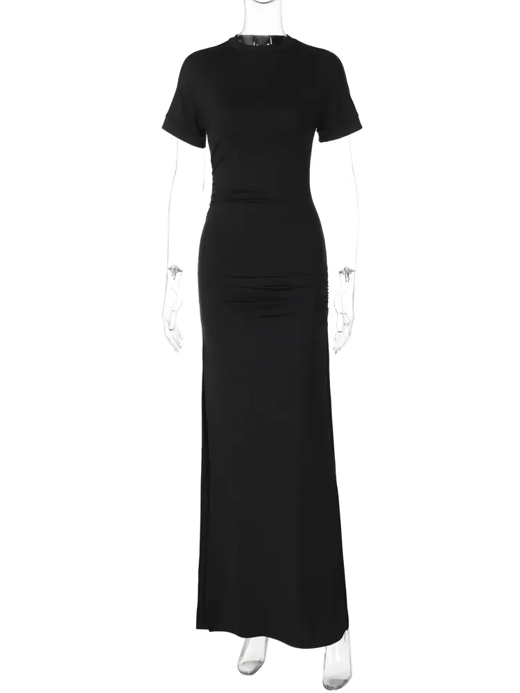 Hugcitar 2024 Summer Solid O Neck Solid Short Sleeve Slit Sexy Bodycon Maxi Dress Women Fashion Outfit Streetwear Party Vacation