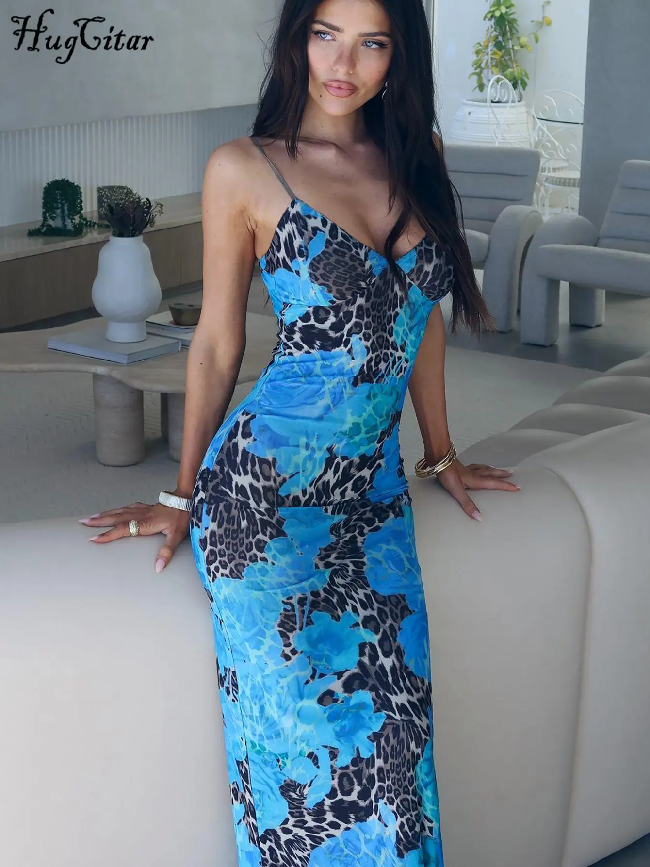 Hugcitar Elegant Print V Neck Slips Backless Sexy Bodycon Maxi Dress 2024 Fall Women Fashion Y2K Outfits Party Festival Club