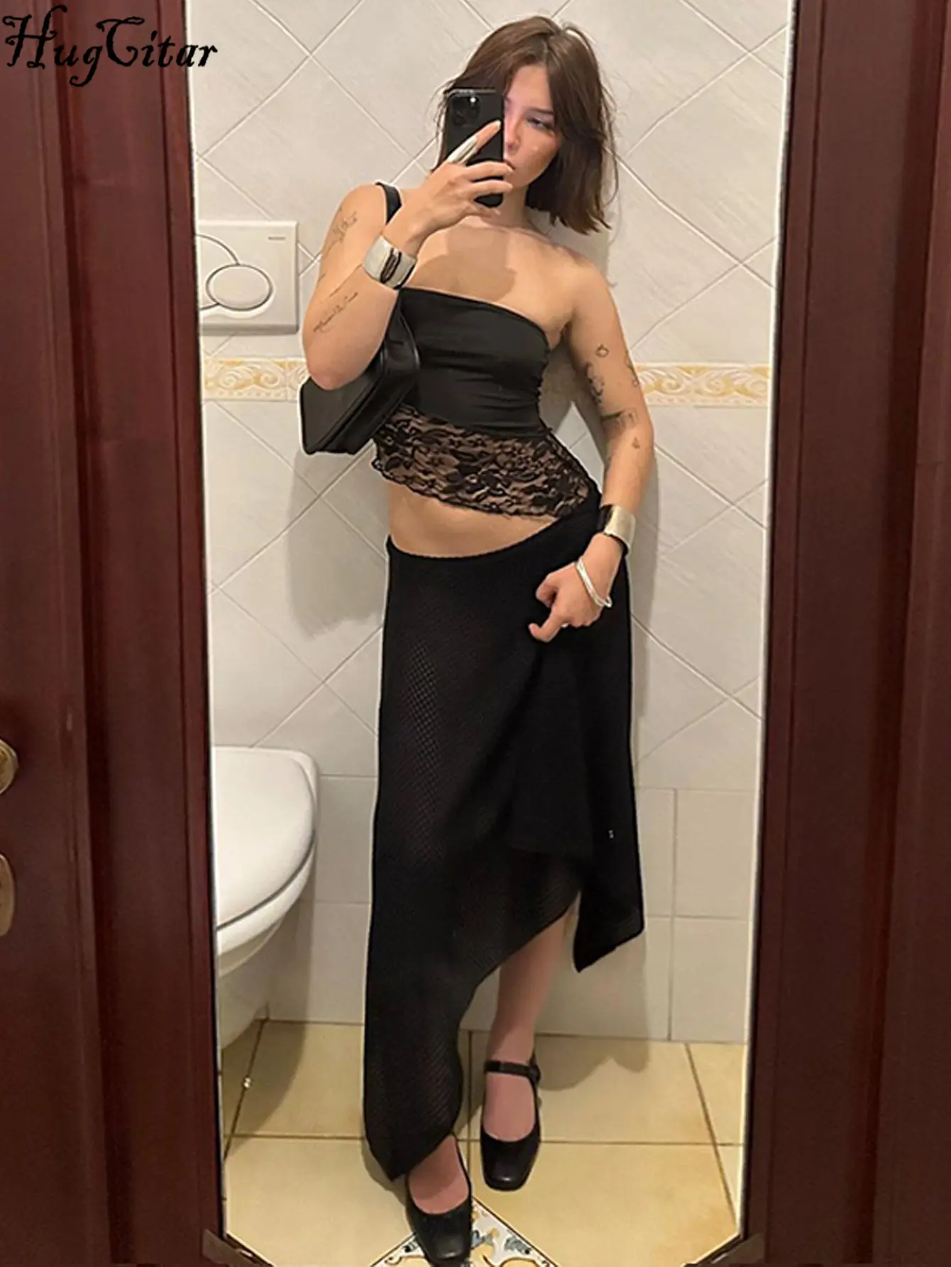 Hugcitar Women Fashion Black Strapless Sexy Patchwork Lace Irregular Slim Crop Tank Top Summer Clothes Streetwear Party Festival