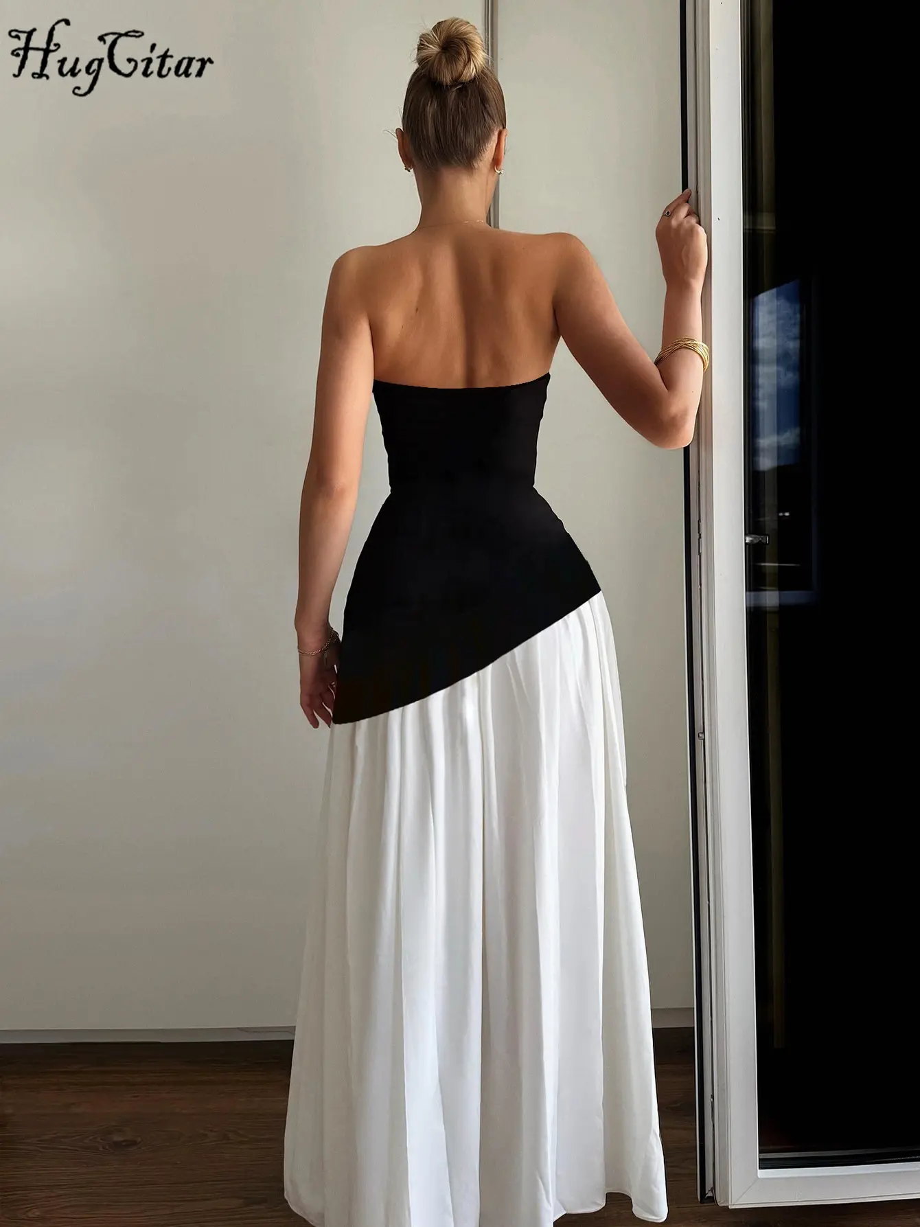 Hugcitar Elegant Solid Strapless Ribbon Backless Sexy Slit Pleated Maxi Prom Dress Women New Clotheds Evening Party Festival