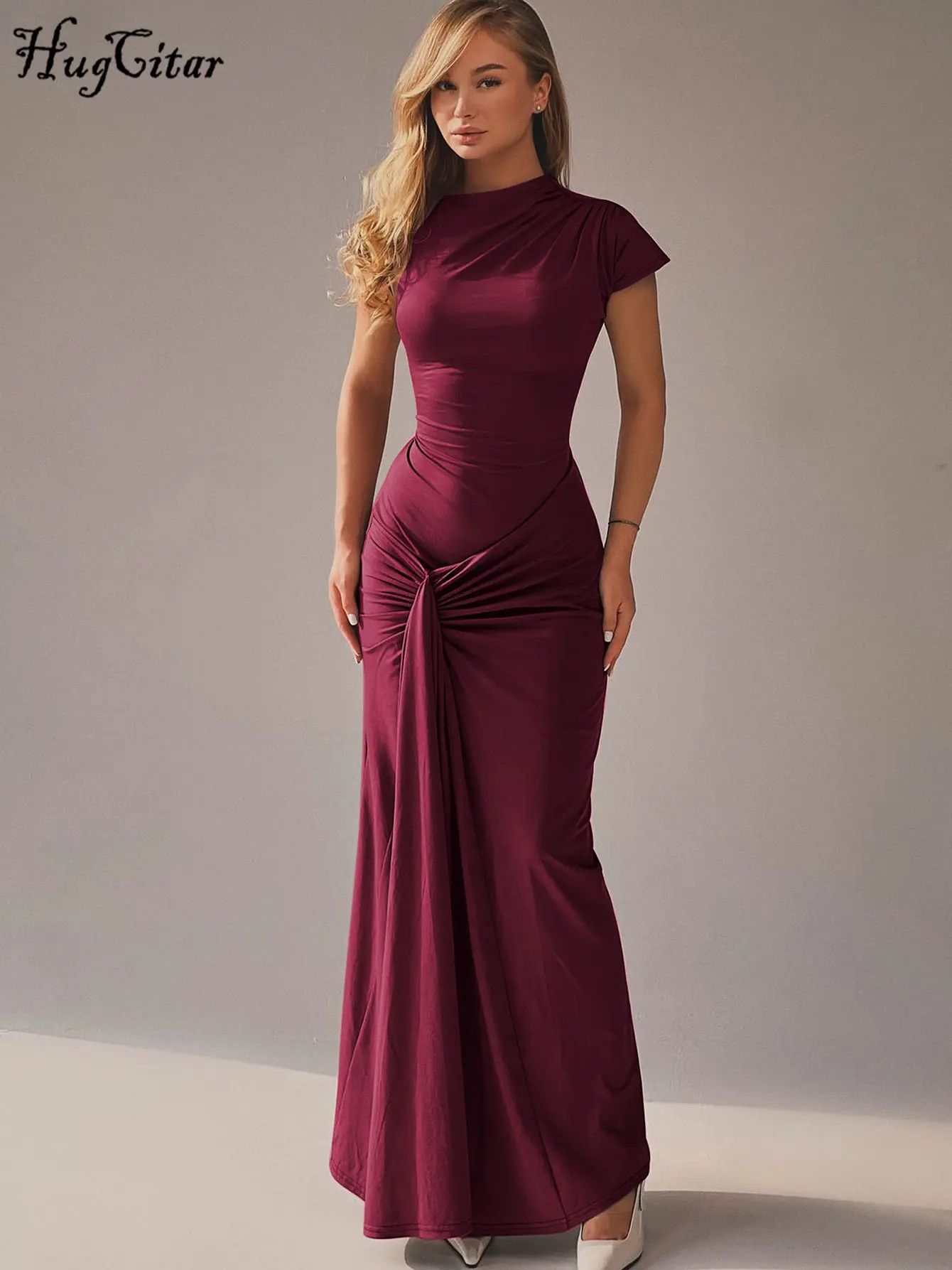 Hugcitar Elegant Solid Long Sleeve Bandage Draped Sexy Bodycon Maxi Prom Dress Summe Women Fashion Outfits Party Vacation