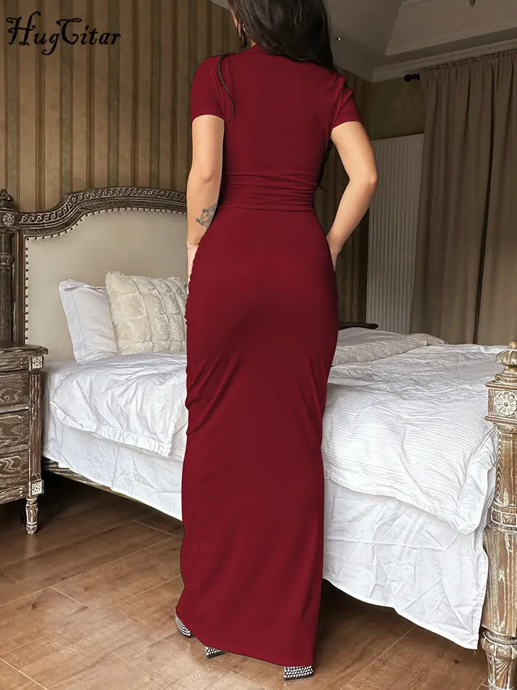 Hugcitar Solid Deep V Neck Short Sleeve Slit Elegant Sexy Bodycon Maxi Dress Summer Female Fashion Outfit Party Festival Club