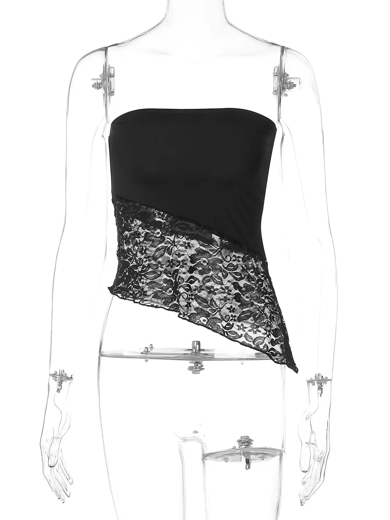 Hugcitar Women Fashion Black Strapless Sexy Patchwork Lace Irregular Slim Crop Tank Top Summer Clothes Streetwear Party Festival