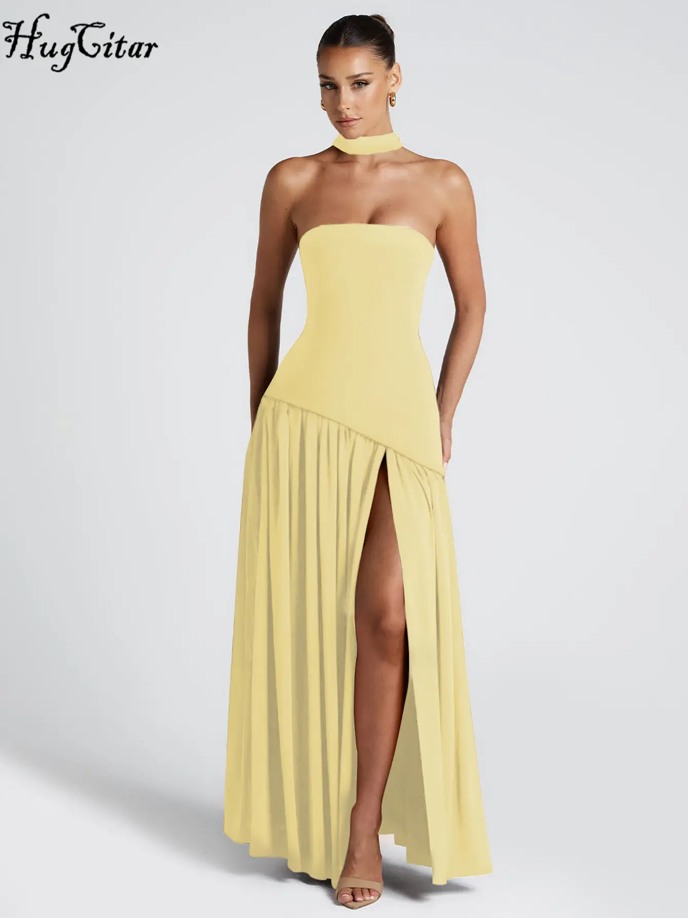 Hugcitar Elegant Solid Strapless Ribbon Backless Sexy Slit Pleated Maxi Prom Dress Women New Clotheds Evening Party Festival