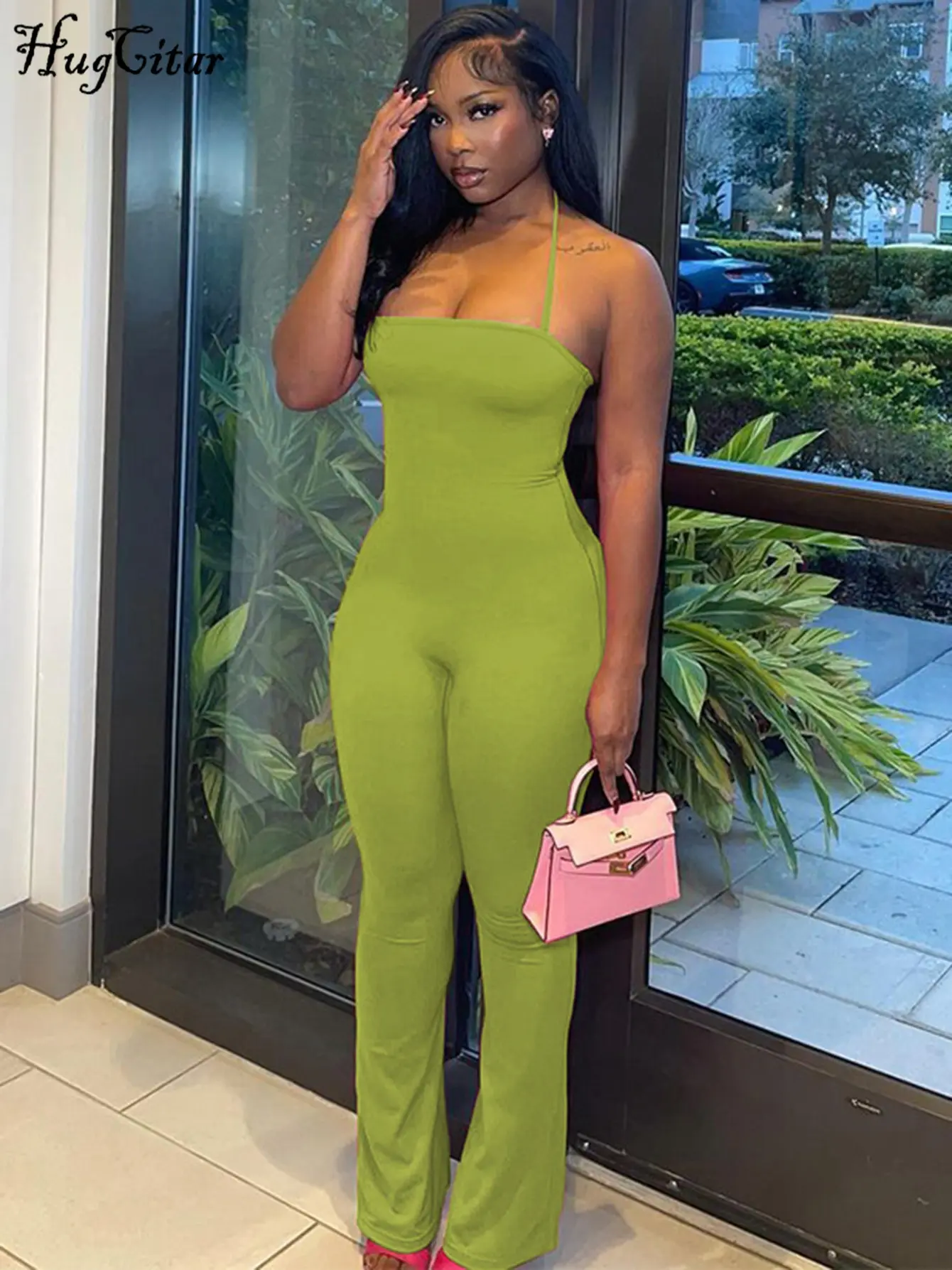 Hugcitar 2025 Spring Halter Solid Sleeveless Backless Sexy Bodycon Flare Pants Jumpsuit Women Casual Rompers Streetwear Festival