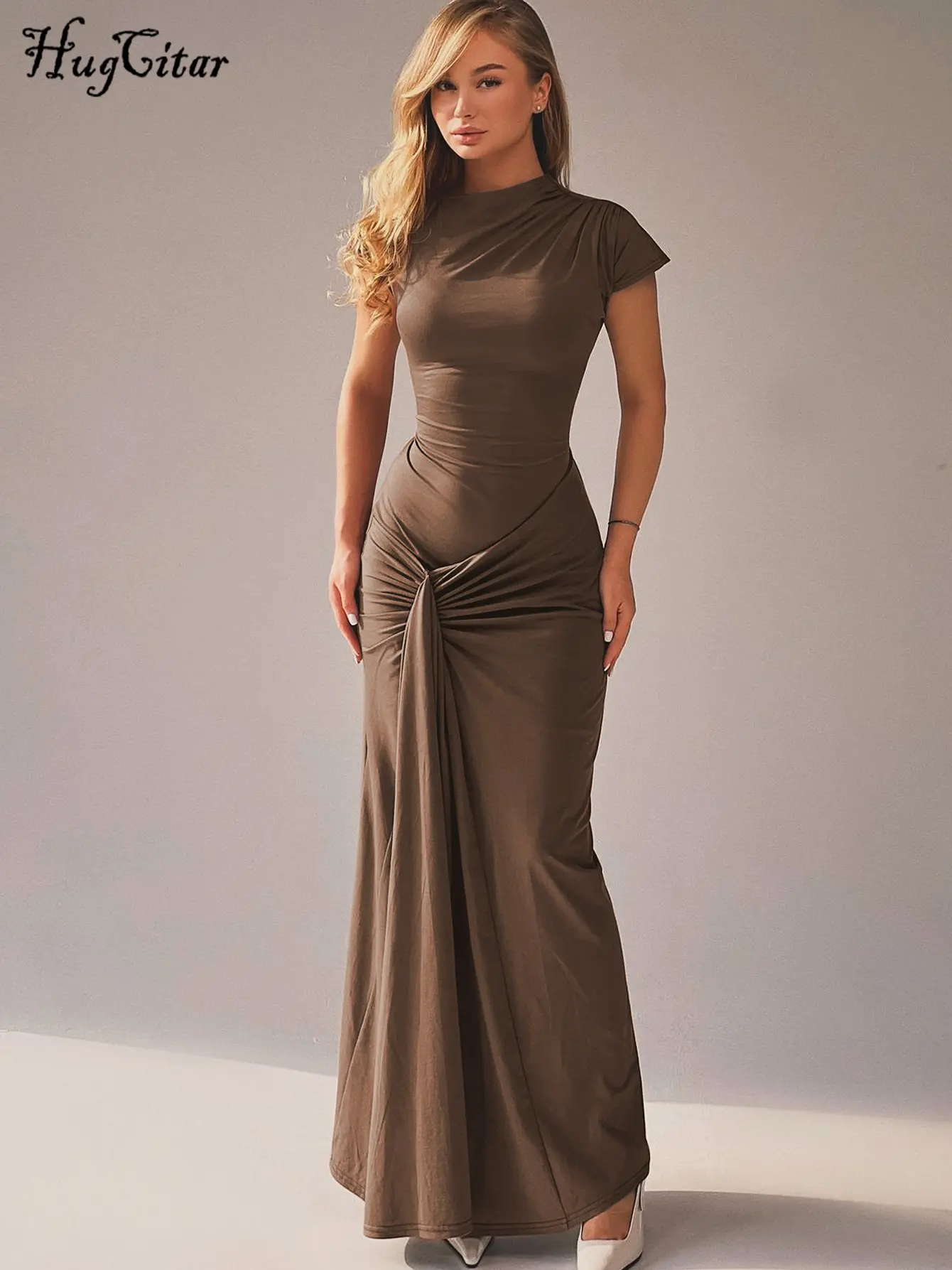 Hugcitar Elegant Solid Long Sleeve Bandage Draped Sexy Bodycon Maxi Prom Dress Summe Women Fashion Outfits Party Vacation