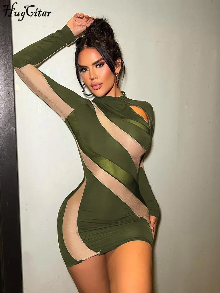 Hugcitar Matching Color Long Sleeve Hollow Out Sexy Slim Mini Dress 2023 Fall Women Fashion Outfit Streetwear Party Nightclub