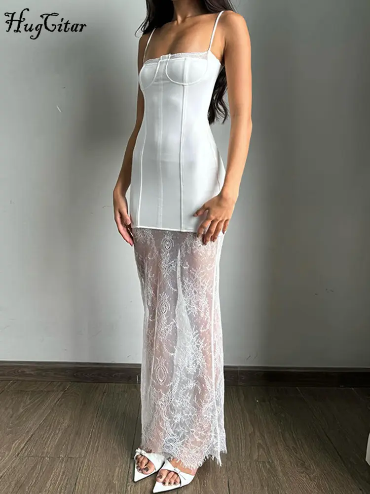 Hugcitar 2024 Elegant White Slips Patchwork Lace Sexy Slim Maxi Dress Summer Women Fashion Outfit Beach Party Festival Wholesale