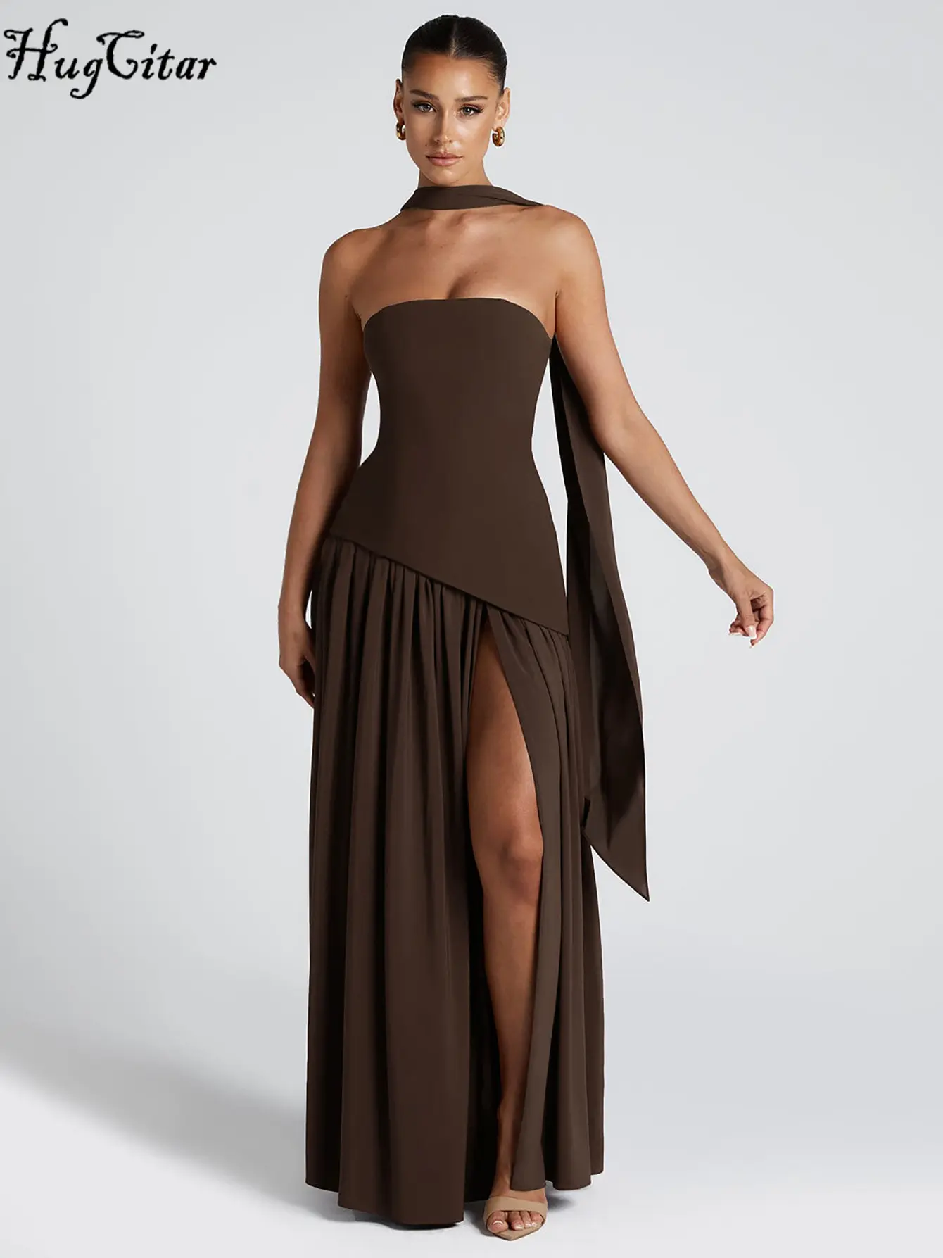 Hugcitar Elegant Solid Strapless Ribbon Backless Sexy Slit Pleated Maxi Prom Dress Women New Clotheds Evening Party Festival