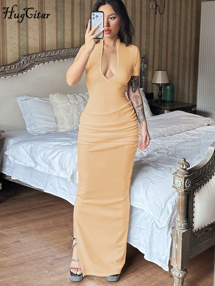 Hugcitar Solid Deep V Neck Short Sleeve Slit Elegant Sexy Bodycon Maxi Dress Summer Female Fashion Outfit Party Festival Club