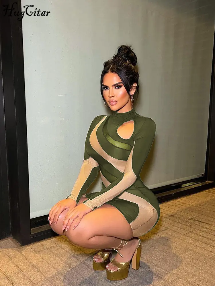 Hugcitar Matching Color Long Sleeve Hollow Out Sexy Slim Mini Dress 2023 Fall Women Fashion Outfit Streetwear Party Nightclub
