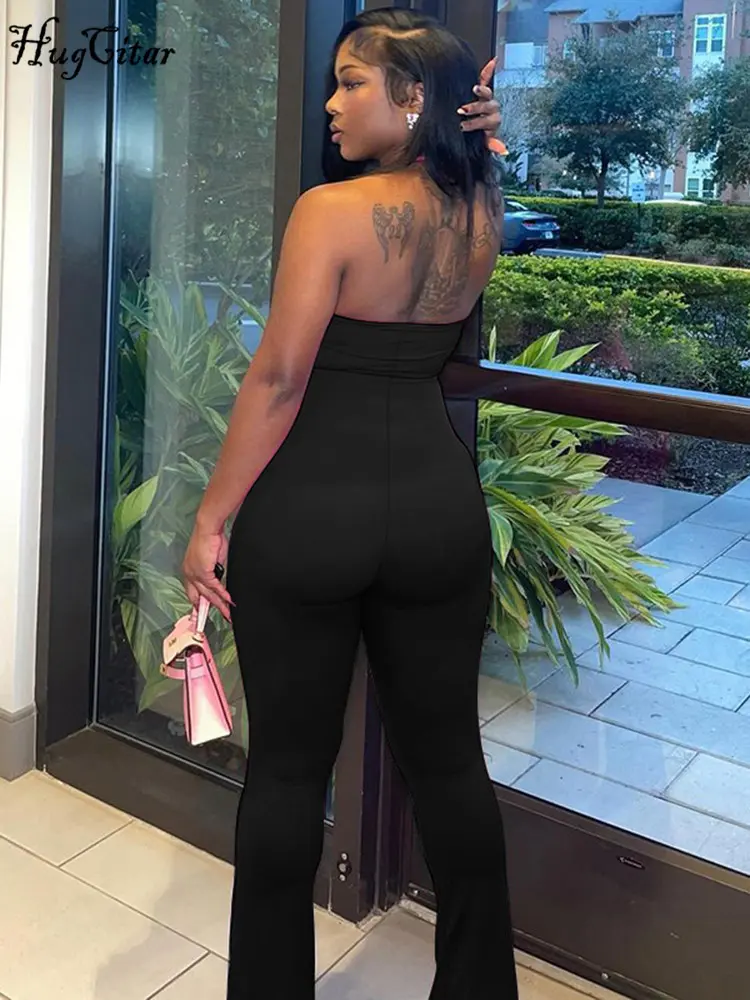 Hugcitar 2025 Spring Halter Solid Sleeveless Backless Sexy Bodycon Flare Pants Jumpsuit Women Casual Rompers Streetwear Festival