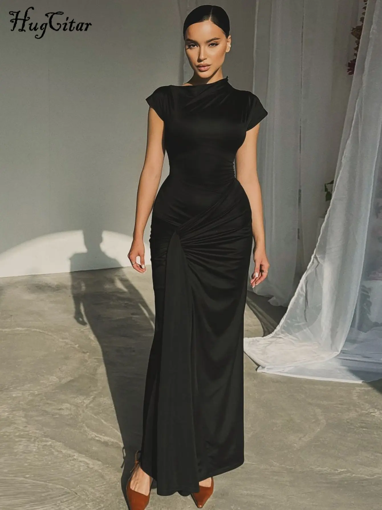 Hugcitar Elegant Solid Long Sleeve Bandage Draped Sexy Bodycon Maxi Prom Dress Summe Women Fashion Outfits Party Vacation