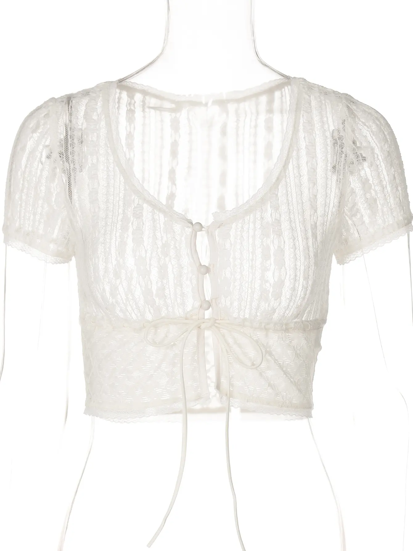 Hugcitar Lace Floral Print Short Sleve Buttons Bandage Sexy Sheer Crop T-Shirt Top Summer Women Fashion Outfits Party Festival