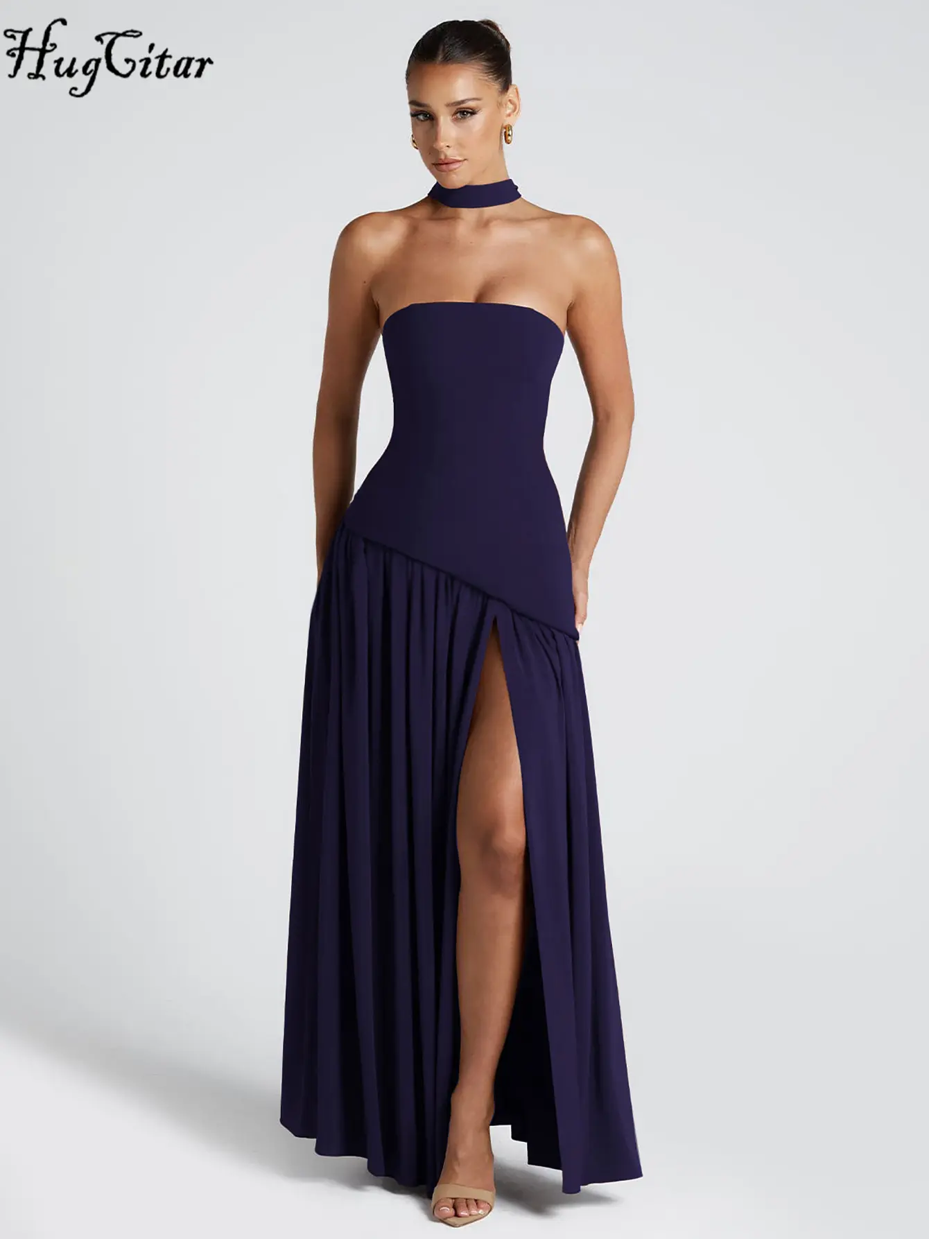 Hugcitar Elegant Solid Strapless Ribbon Backless Sexy Slit Pleated Maxi Prom Dress Women New Clotheds Evening Party Festival
