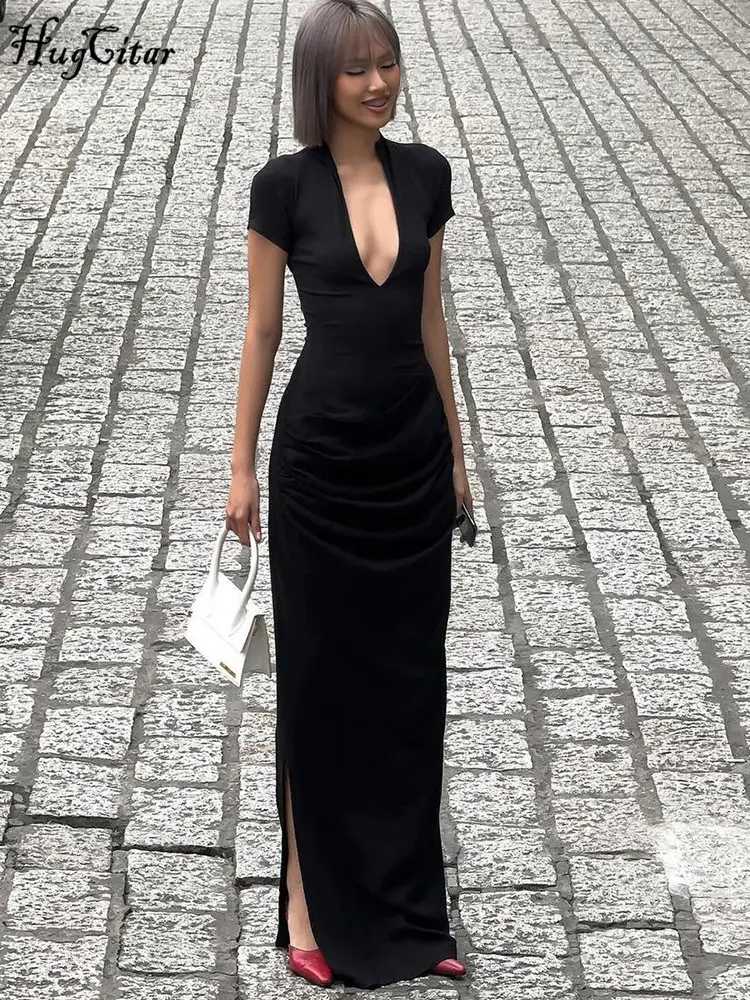 Hugcitar Solid Deep V Neck Short Sleeve Slit Elegant Sexy Bodycon Maxi Dress Summer Female Fashion Outfit Party Festival Club